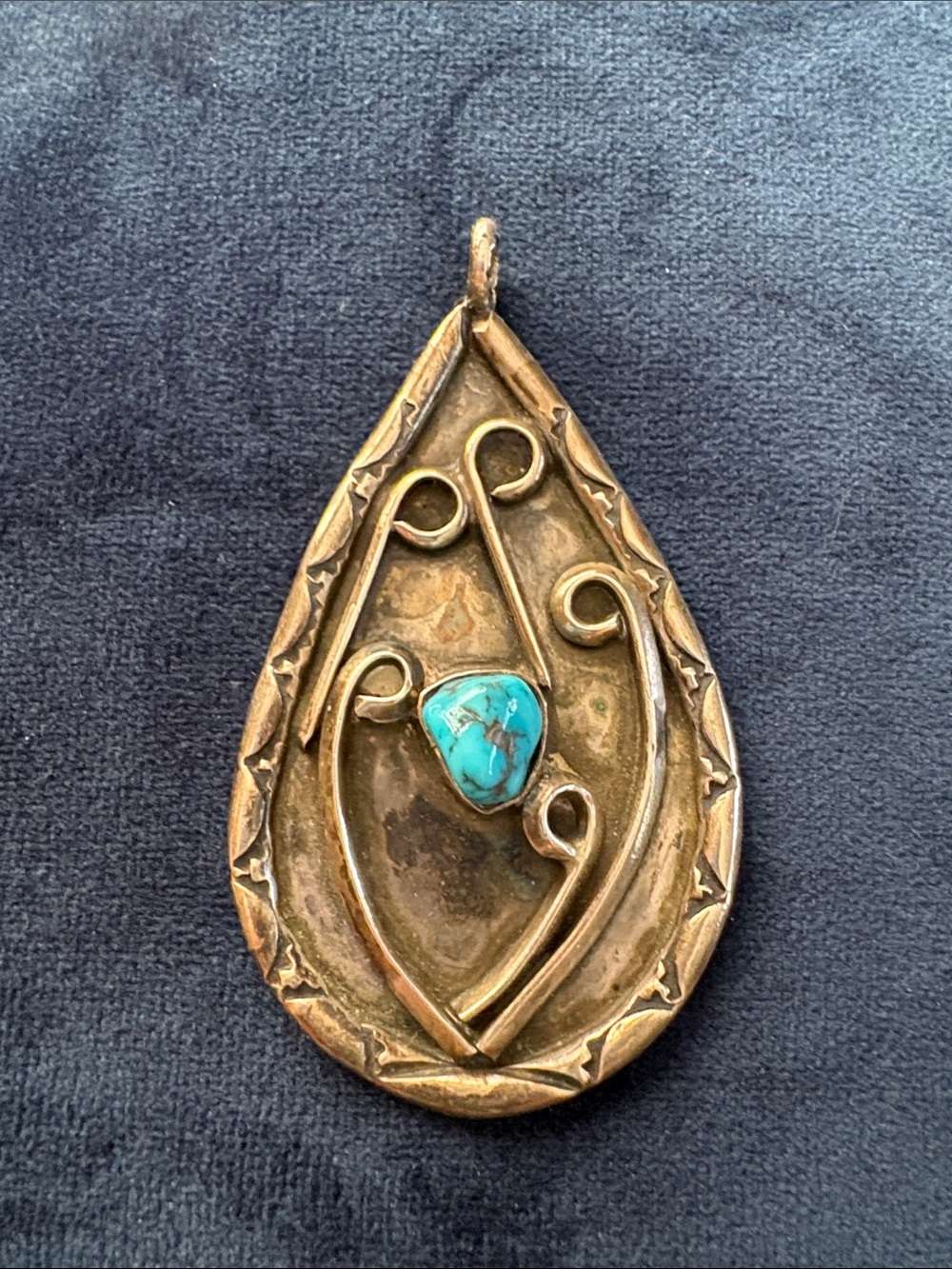 Vintage Teardrop Turquoise Pendant - Brass Tone